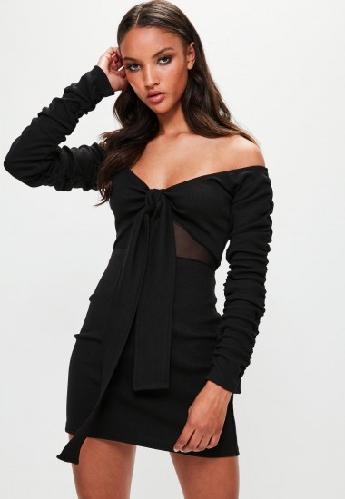 londunn + missguided black tie front ribbed mesh mini dress – black bardot dresses – lbd