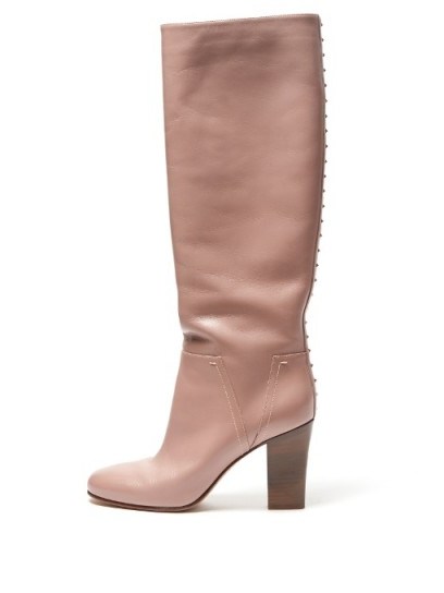 VALENTINO Lovestud Rockstud leather boots – blush-pink knee high boots – luxe winter footwear - flipped