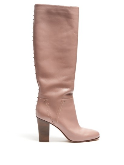 VALENTINO Lovestud Rockstud leather boots – blush-pink knee high boots – luxe winter footwear