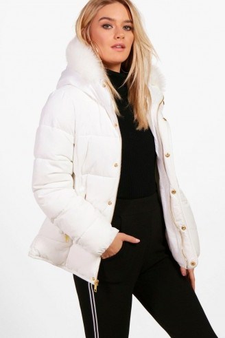 boohoo Lucy Fitted Padded Jacket With Faux Fur Hood ~ white winter jackets - flipped