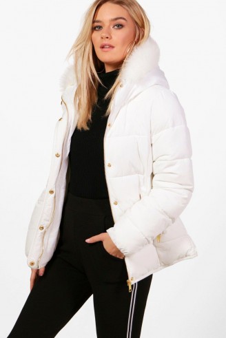 boohoo Lucy Fitted Padded Jacket With Faux Fur Hood ~ white winter jackets