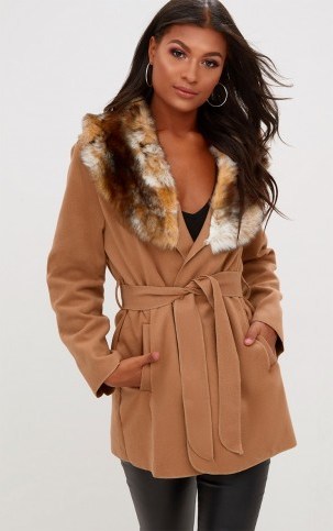 PRETTYLITTLETHING LYDIA CAMEL FAUX FUR TRIMMED BELTED COAT – wrap style winter coats - flipped