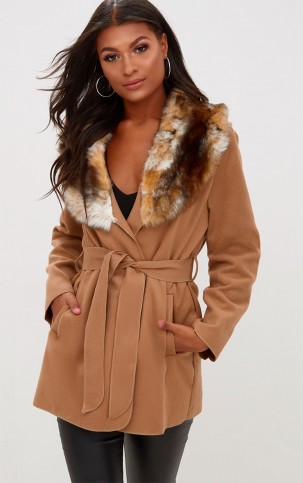PRETTYLITTLETHING LYDIA CAMEL FAUX FUR TRIMMED BELTED COAT – wrap style winter coats