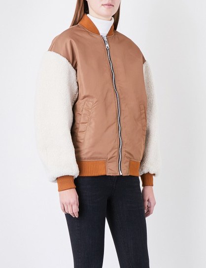 Maje x Schott Boston shell and shearling bomber jacket | caramel-brown jackets - flipped