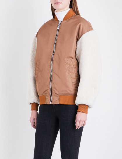 Maje x Schott Boston shell and shearling bomber jacket | caramel-brown jackets