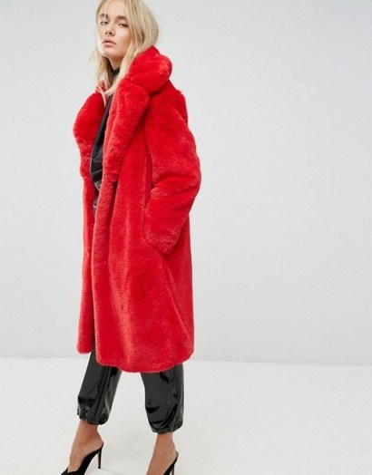 Mango Faux Fur Coat | glamorous red coats - flipped