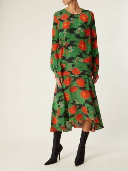 Louise Redknapp green and red floral dropped waist dress, PREEN BY THORNTON BREGAZZI Marla poppy-print silk crepe de Chine dress, appearing on the ‘This Morning’ show, 29 September 2017. - flipped