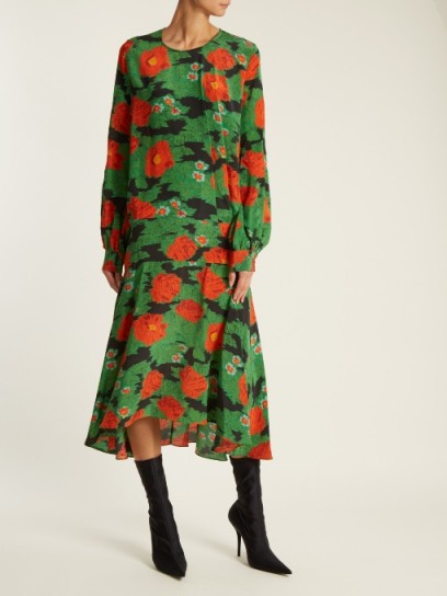 Louise Redknapp green and red floral dropped waist dress, PREEN BY THORNTON BREGAZZI Marla poppy-print silk crepe de Chine dress, appearing on the ‘This Morning’ show, 29 September 2017.