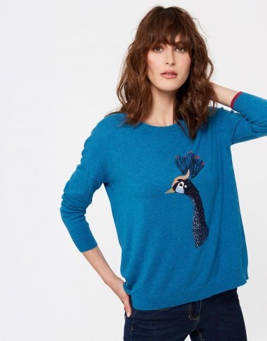JOULES MERYL LUXE DROPPED SHOULDER INTARSIA JUMPER / teal-blue peacock print jumpers - flipped