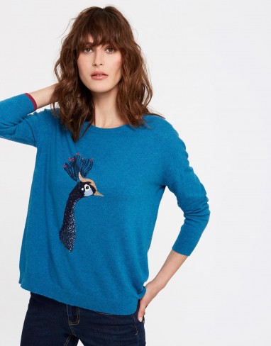 JOULES MERYL LUXE DROPPED SHOULDER INTARSIA JUMPER / teal-blue peacock print jumpers