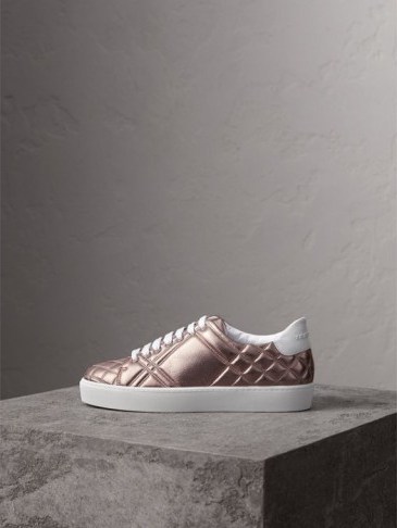 Burberry Metallic Check-quilted Leather Trainers / shiny nude sneakers - flipped