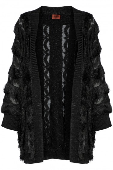 MISSONI Metallic fringe-trimmed crochet-knit cardigan – black fringed cardigans