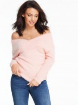 Michelle Keegan Fluffy Bardot Jumper – blush-pink off the shoulder jumpers – winter fashion