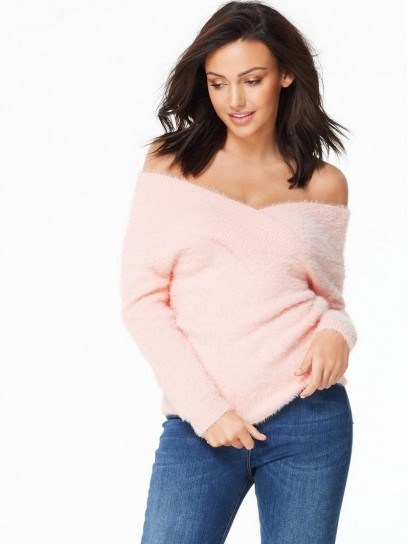 Michelle Keegan Fluffy Bardot Jumper – blush-pink off the shoulder jumpers – winter fashion - flipped