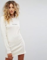 Milk It Vintage Ribbed Dress With Embroidery / cream slogan dresses