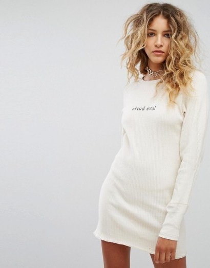 Milk It Vintage Ribbed Dress With Embroidery / cream slogan dresses - flipped