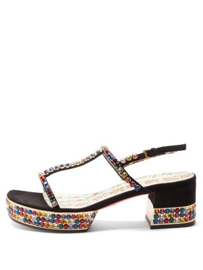 GUCCI Mira crystal-embellished suede sandals ~ strappy jewelled chunky heeled shoes - flipped