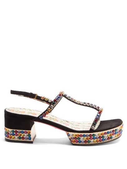 GUCCI Mira crystal-embellished suede sandals ~ strappy jewelled chunky heeled shoes