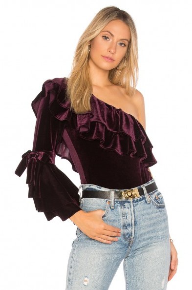 MISA Los Angeles GYDA BODYSUIT | plum/purple ruffle one shoulder bodysuits | luxe style tops - flipped