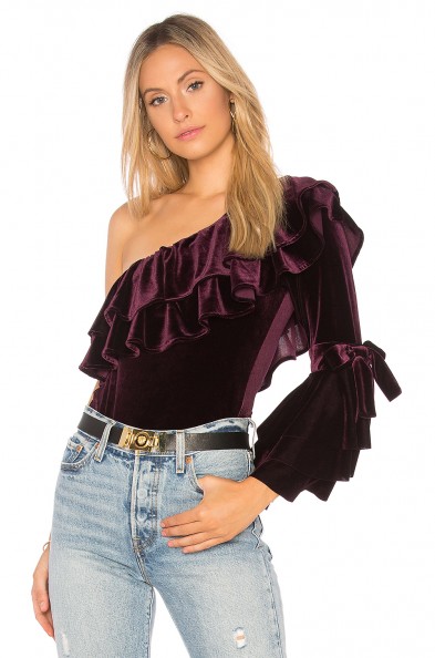 MISA Los Angeles GYDA BODYSUIT | plum/purple ruffle one shoulder bodysuits | luxe style tops