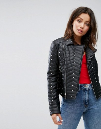 Miss Selfridge Studded Biker Jacket – casual black jackets – stud embellished - flipped