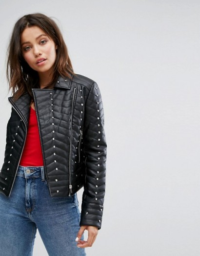Miss Selfridge Studded Biker Jacket – casual black jackets – stud embellished