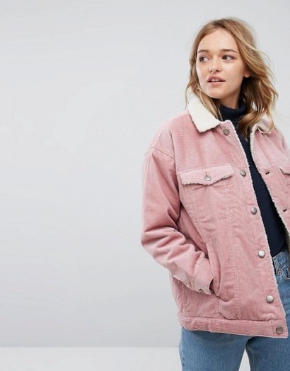 Monki Shearling Cord Jacket ~ pink corduroy jackets - flipped