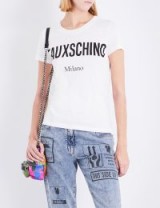 MOSCHINO Fauxschino-print cotton T-shirt / white slogan tee