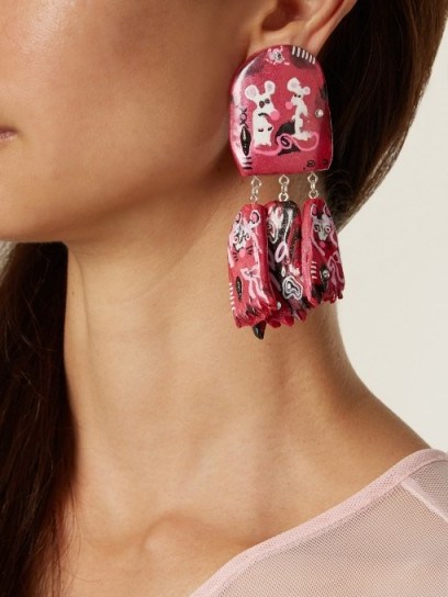 CLAIRE BARROW Mouse Face triple-drop clip-on earrings ~ pink statement jewellery - flipped