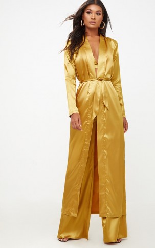 PRETTY LITTLE THING MUSTARD SATIN DUSTER – long silky yellow coats