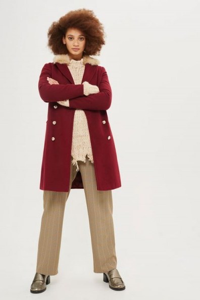 Topshop Nancy Faux Fur Collar Coat | burgundy winter coats | dark red outerwear - flipped