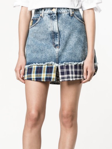 Hailey Baldwin denim and plaid skirt, NATASHA ZINKO check print trimmed denim mini skirt, out in New York, 11 September 2017. Celebrity skirts | casual star style | models off duty fashion