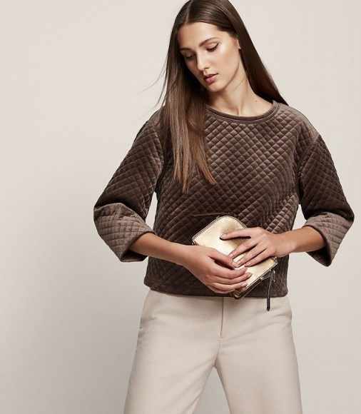 REISS NIA QUILTED VELVET SWEATSHIRT BRONZE ~ casual luxe ~ laid-back evening chic - flipped
