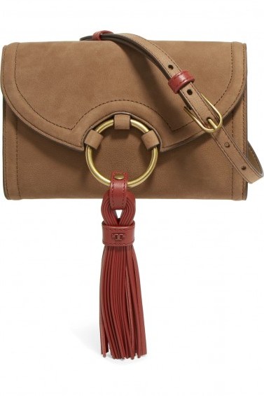 TORY BURCH Nubuck shoulder bag | small sand-brown and burgundy bags | tassel trim crossbody - flipped