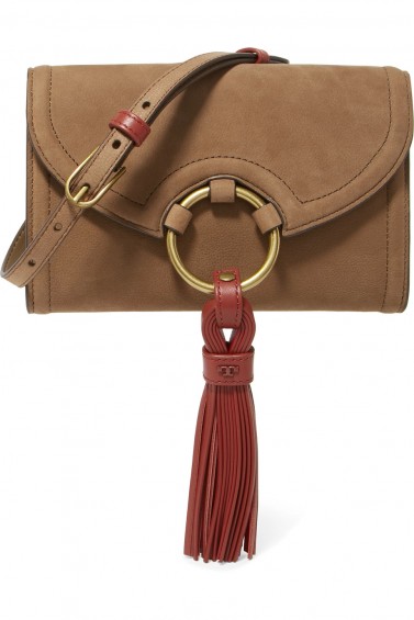 TORY BURCH Nubuck shoulder bag | small sand-brown and burgundy bags | tassel trim crossbody