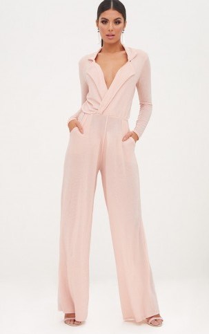 PRETTY LITTLE THING NUDE LUREX PLUNGE JUMPSUIT – going out fashion – evening wide leg jumpsuits - flipped