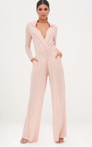 PRETTY LITTLE THING NUDE LUREX PLUNGE JUMPSUIT – going out fashion – evening wide leg jumpsuits