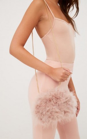 PRETTY LITTLE THING NUDE MARABOU FEATHER CLUTCH BAG – pale pink fluffy evening bags – going out accessories - flipped