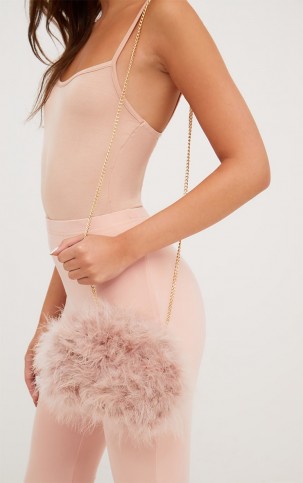 PRETTY LITTLE THING NUDE MARABOU FEATHER CLUTCH BAG – pale pink fluffy evening bags – going out accessories
