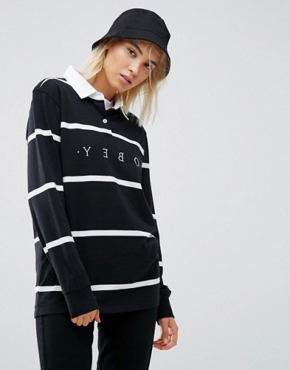 Obey Boyfriend Rugby Polo Top With Front Logo In Stripe - flipped