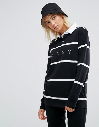 Obey Boyfriend Rugby Polo Top With Front Logo In Stripe
