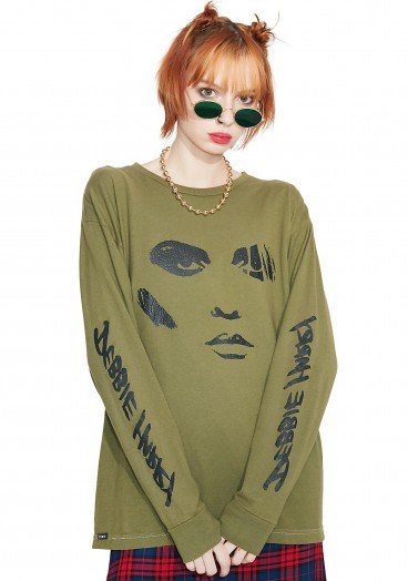 Obey VISAGE SALVAGE LONG SLEEVE TEE | army green t-shirts | Debbie Harry printed t-shirt - flipped
