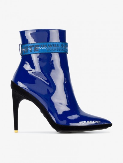 Off-White For Walking Patent Leather Ankle Boots / shiny blue booties