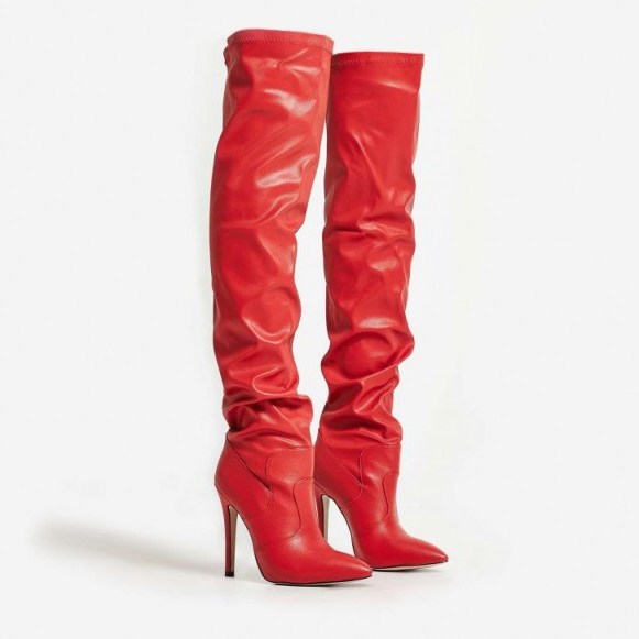 EGO Olivia Over The Knee Long Boot In Red Faux Leather ~ stiletto heeled slouch boots - flipped
