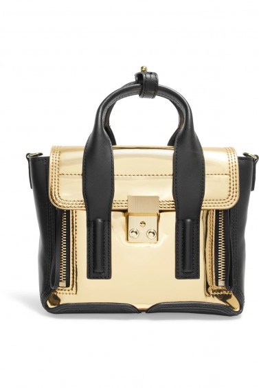 3.1 PHILLIP LIM Pashli Mini paneled metallic leather satchel | gold and black trim bags | top handle handbag - flipped