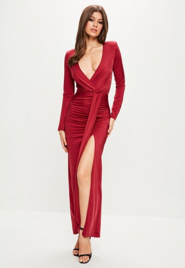 missguided peace + love red long sleeve wrap maxi dress ~ plunge front party dresses