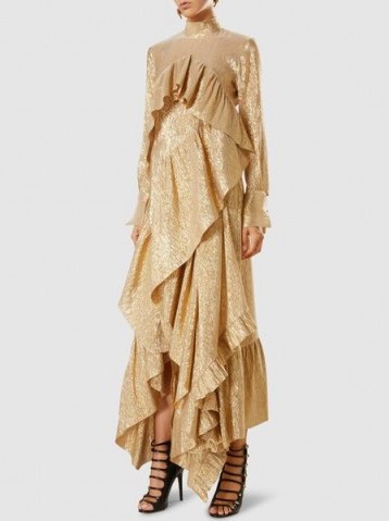 PETAR PETROV‎ Donna Ruffled Silk Dress ~ gold metallic ruffle dresses - flipped