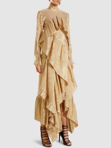 PETAR PETROV‎ Donna Ruffled Silk Dress ~ gold metallic ruffle dresses