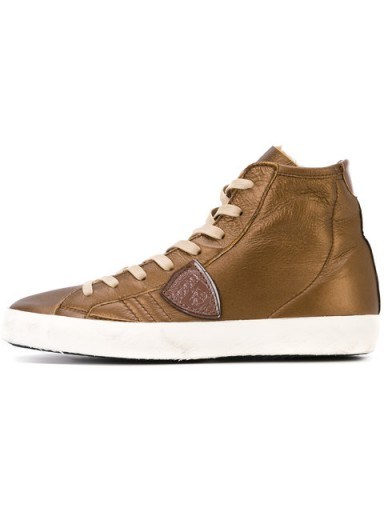 PHILIPPE MODEL lace-up hi-top sneakers | brown/golden lustre leather trainers | sports luxe - flipped