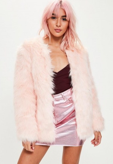 missguided pink collarless faux fur jacket – fluffy jackets – glamorous winter fashion - flipped
